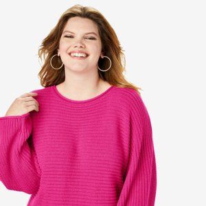 Ribbed Scoopneck Sweater w/Flared Sleeves - Pink